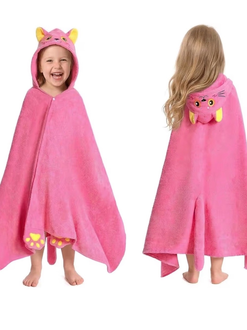 Pink Cat Hooded Towel Poncho with Paw Mitts